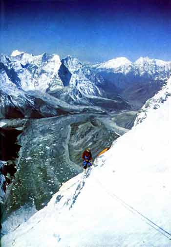 
Lhotse Shar First Ascent - Climbing Lhotse Shar in 1984 with Ama Dablam behind - Zabudnina Everest book
